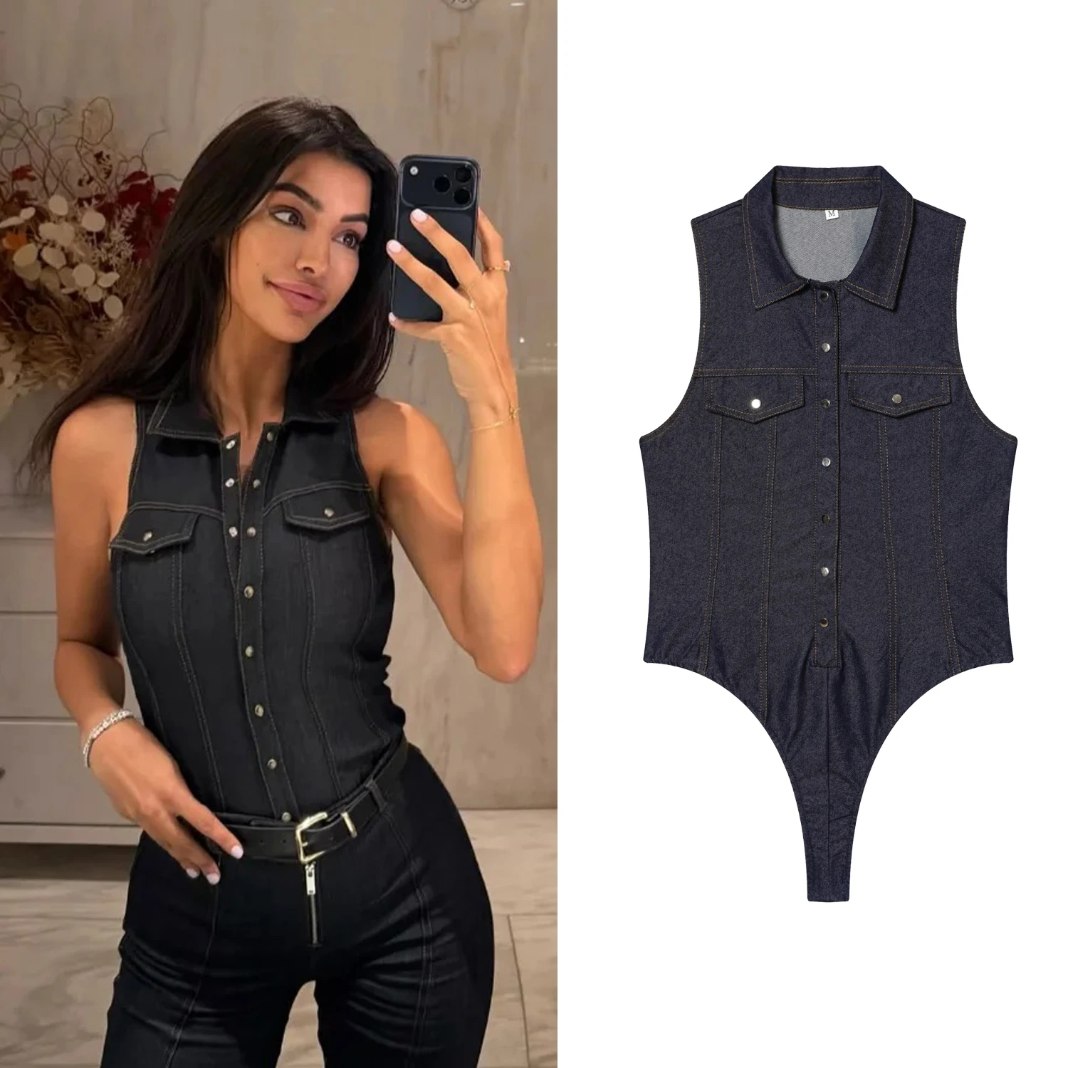 Mono de Mezclilla para Mujer, Sexy y Chic, con Solapa, Hombros Descubiertos, Sin Mangas, Cierre de Botón, Mono Casual para Mujer, Primavera