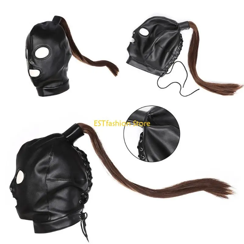 Y5GC Faux Leather Volledig gezicht Hoofddekselmasker BDSM Hood met pruik volwassen seksspeeltjes