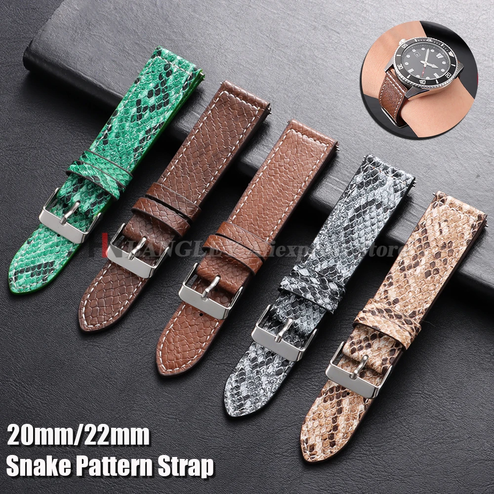 Bracelet de montre en cuir de serpent fait main 20mm 22mm, souple, vintage, à dégagement rapide, vert et noir, pour Seiko, pour Omega, bracelet de remplacement