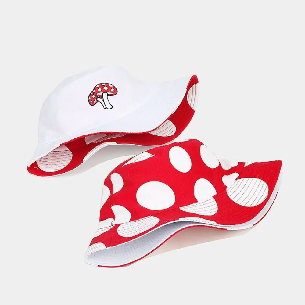 Foldable Red/White Mushroom Pattern Bucket Hats Portable Sunscreen Fisherman's Cap Double-Sided Beach Hat Women Men