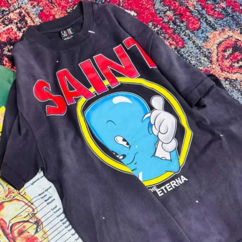 

Summer Vintage Distressed Black Washed Worn Splashed Ink Angel Print Saint Tshirts Men Women Loose Short Sleeve Street Outfit