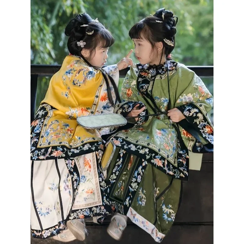 Chinese Traditional Girls Dress Yellow Printed Long Sleeved Cheongsam Top Beige Horse Faced Skirt Hanfu Children New Year Gifts