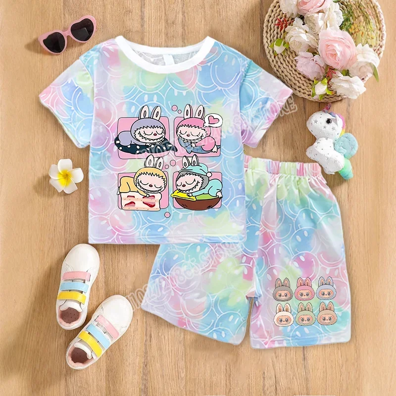 

2pcs Labubu Set Summer Breathable Sweat Absorption Kids Clothes Baby Boys Girls Kawaii Short Sleeve Thin Two Piece Suits Gift