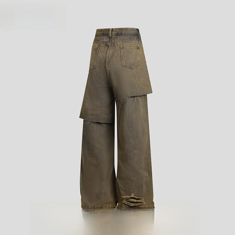 

Retro American Sle Men's Denim Jeans Hole Weathered Wide Leg Long Pants Spring Faionable Youth Casual Wear Resistant