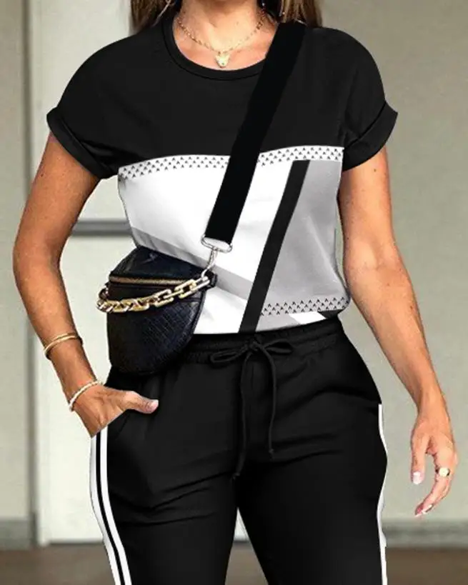Women's Color Block Short Sleeve Two Pieces Set Striped Pants and Drawstring Waist Design
