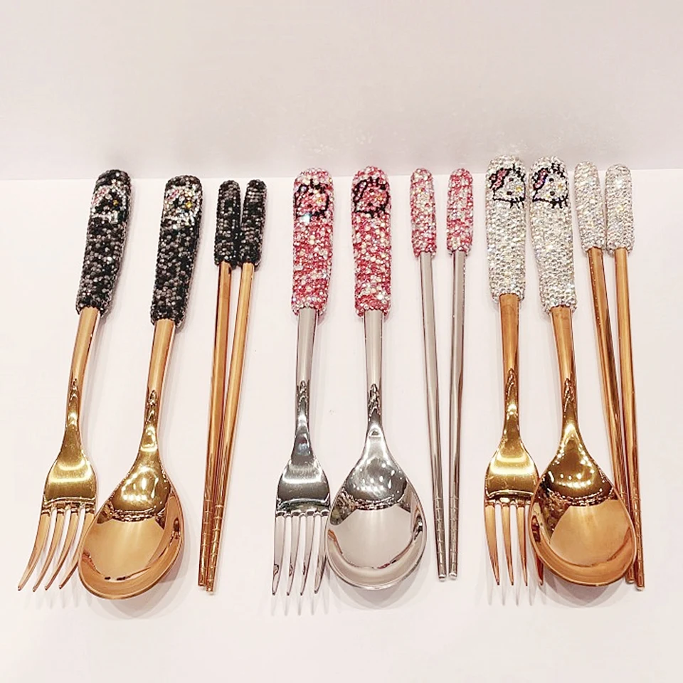 3pcs Dinnerware Set Rhinestones Handmade Stainless Steel Gold Western Cutlery Fork Chopsticks Spoon Tableware Portable Flatware