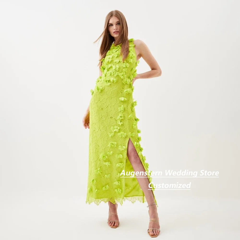 Vestido de noche/cocktail personalizado en verde lima sin mangas, con encaje, apliques florales 3D, abertura alta y espalda descubierta, para invitadas de boda.
