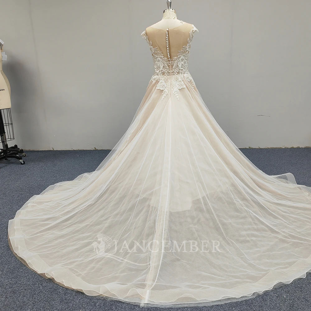 Elegant Button Wedding Dresses for Women Back Illusion Lace Court Train Sleeveless Robe De Mariee for Brides Customised AJJ62