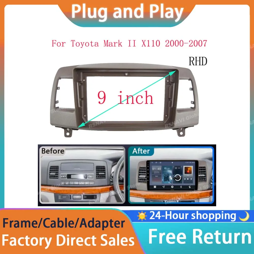 RSNAVI 2 DIN 9 INCH Car frame Kit Cable Canbus Fascia Panel  For Toyota Mark II X110 2000-2007 Big Screen Radio Audio Frame