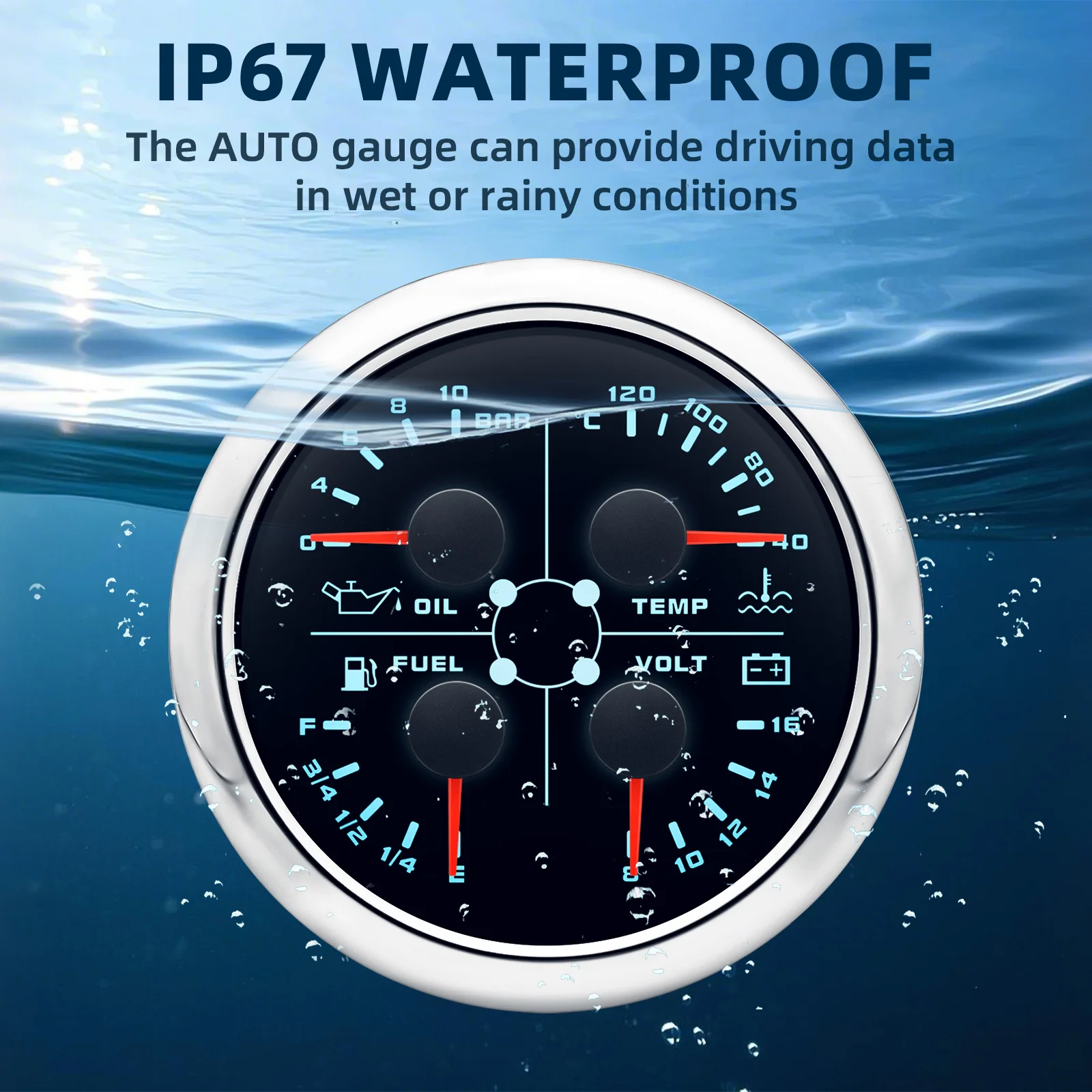 85mm 4 In 1 Gauge Oil Pressure Fuel Level Water Temperature Voltmeter Indicator Multi-functional Gauge For Marine Boat 12V 24V