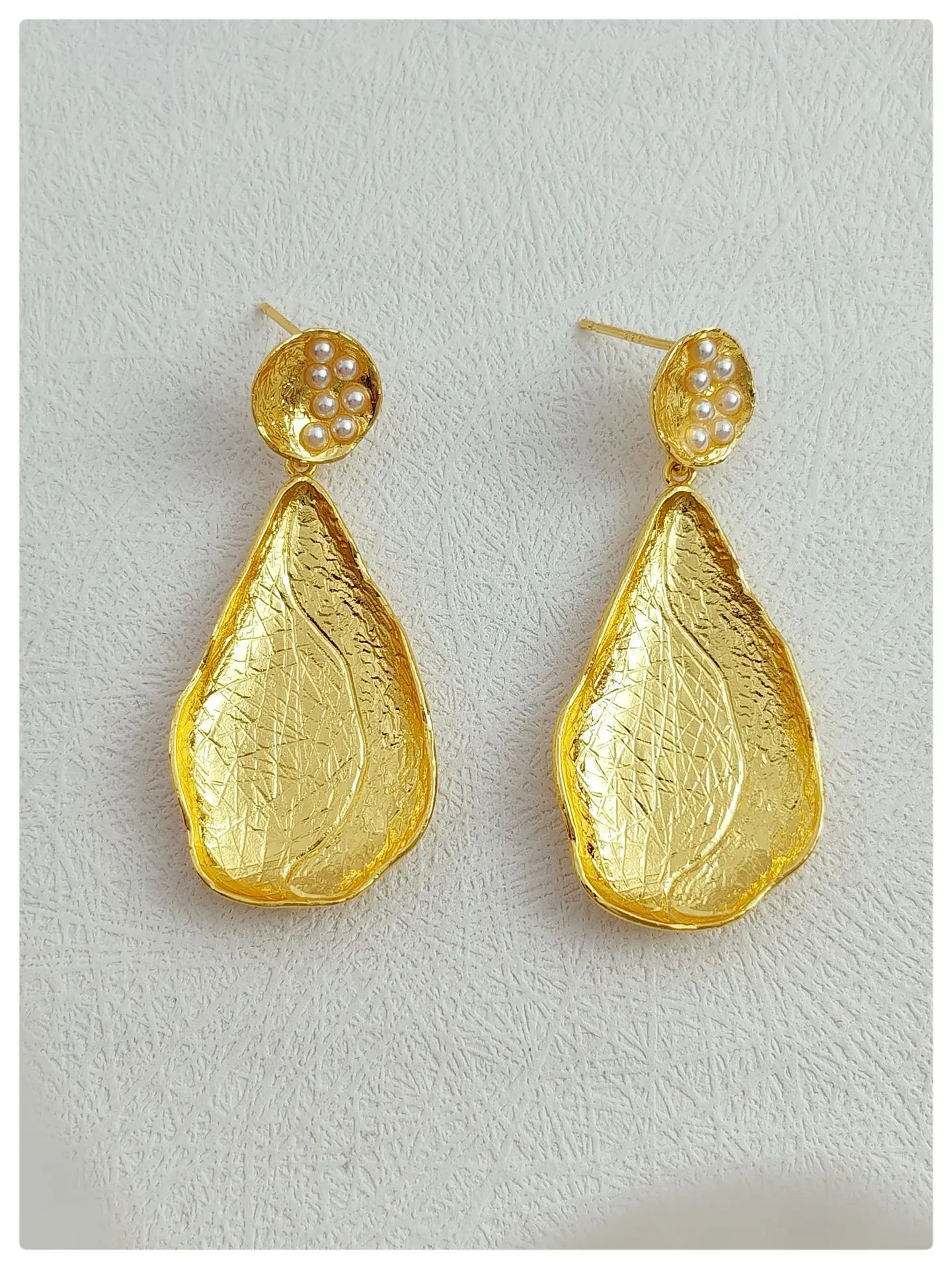 

European and American Personality Exaggerated Earrings 2 Micron 18K Real Gold Vermeil Plated Pearl Chunky Leaf Long Big Earring