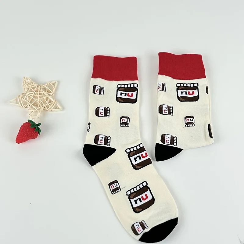 1 pair Cute Nutella Jar Pattern Mid-Calf Socks for Women - Trendy Contrast Color Socks
