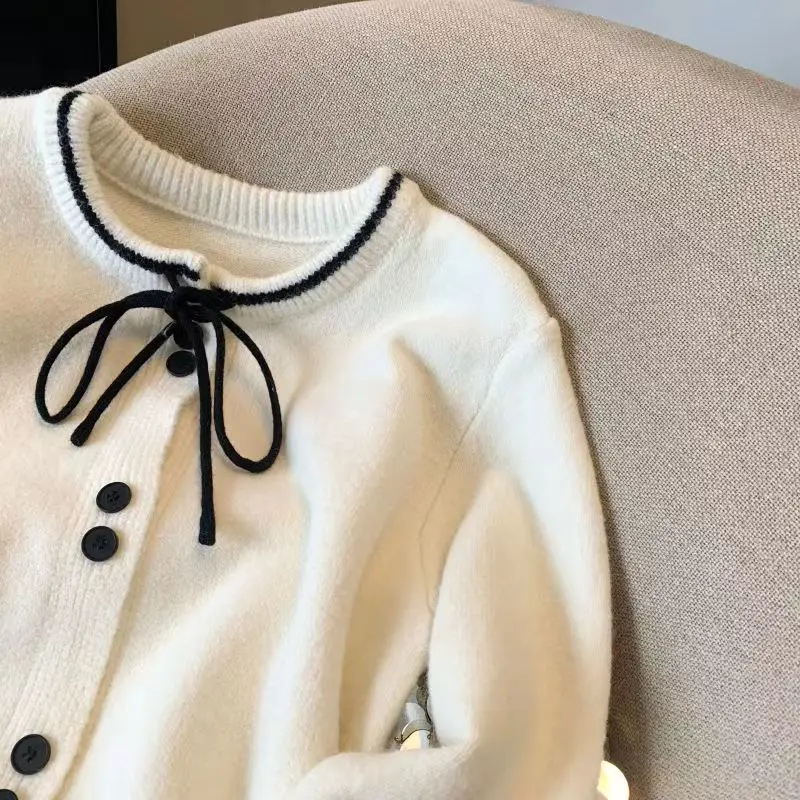 Spring Autumn Loose Bow Cardigan Sweater For Women Gentle Temperament Show Thin Knitted Single Breasted Splicing Color Top Cloth