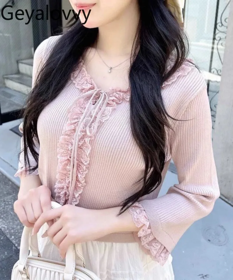 

Милый и милый кружевной роговой кардиган с длинными рукавами и лентой, новый летний кардиган с круглым вырезом, однотонная универсальная рубашка с кондиционером