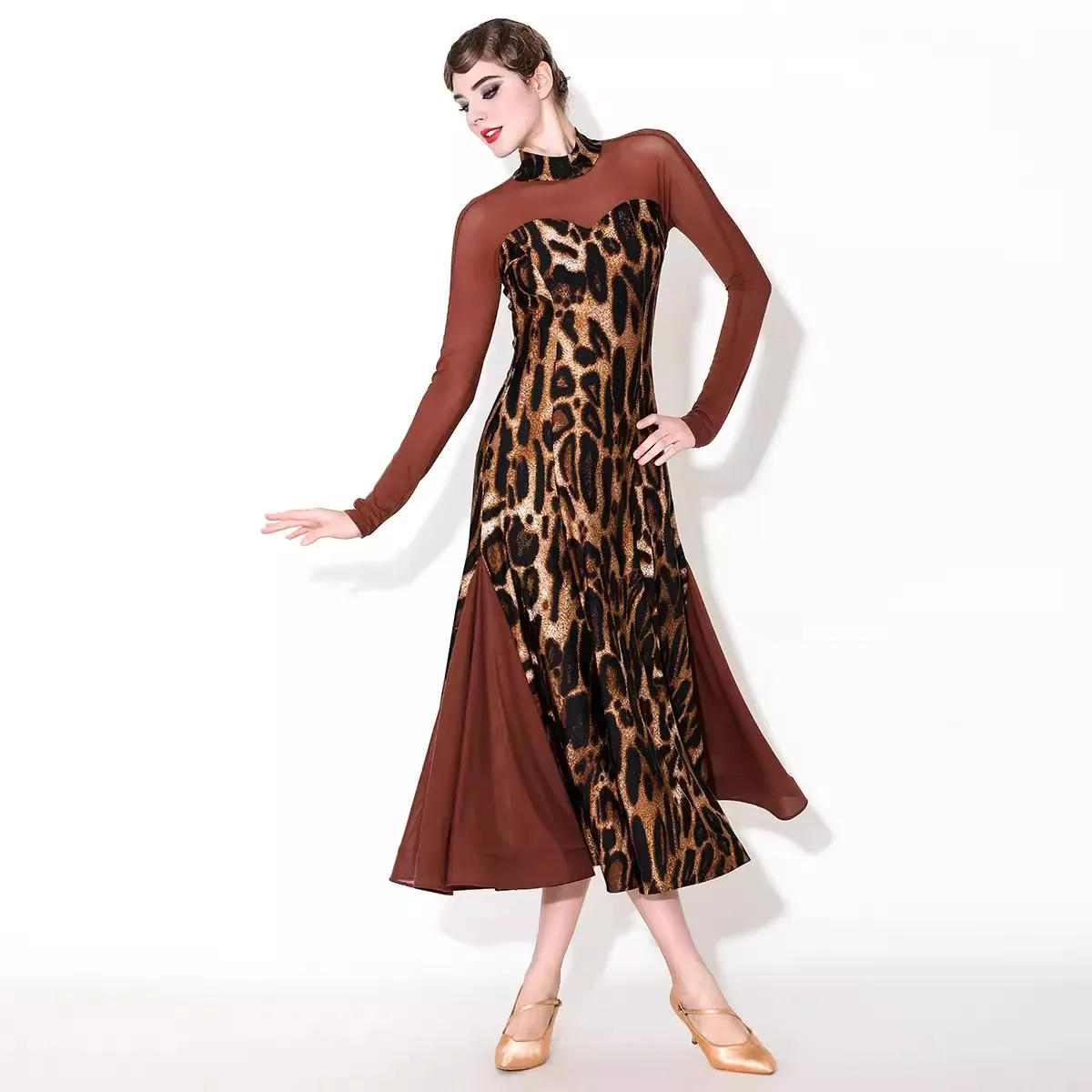 2026 New Women's Leopard Elegant Ballroom Dance Dress Performance Lace Long Sleeve Party Modern Waltz Practice Clothes