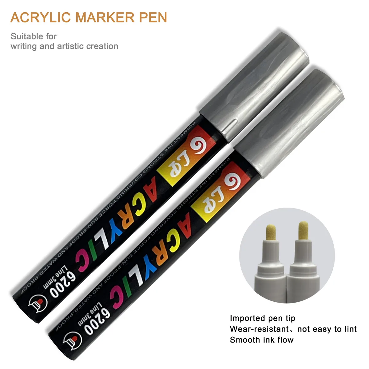 2pcs Silvery Acrylic Graffiti Pens for Fabric, Canvas, Rock, Glass, Wood, Medium Tip, Ideal Art Supplies for Adults and Kids