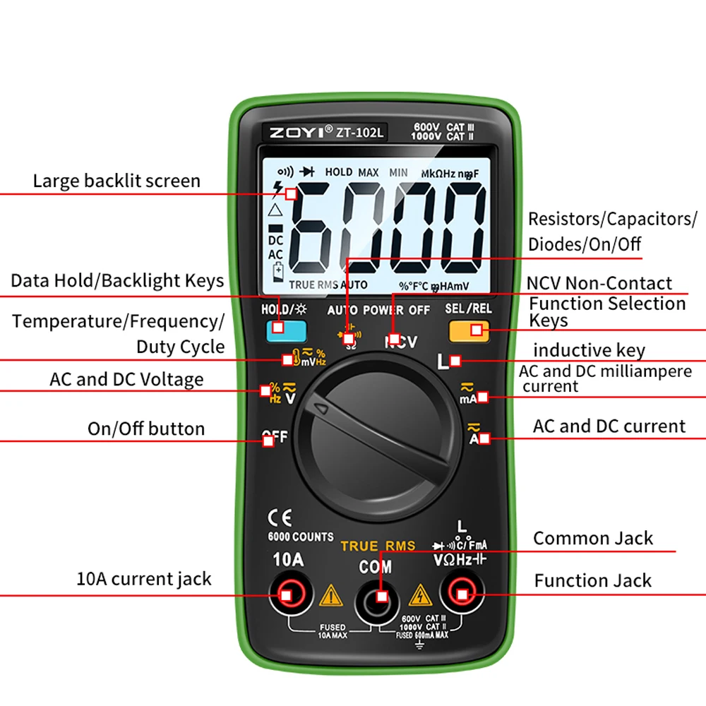Cyfrowy multimetr 6000 zlicza True RMS napięcie prądu pojemność rezystancja indukcyjności częstotliwości cyklu pracy Tester diodowy