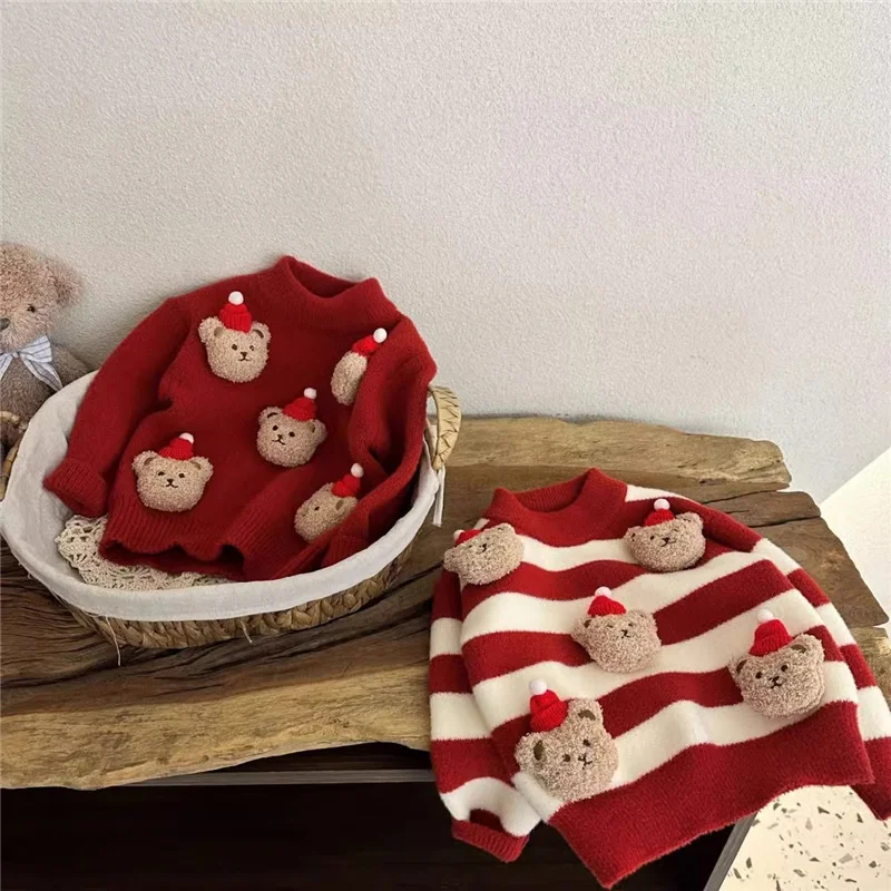 Girls Christmas Sweater Autumn Winter Thickened Plus Velvet Warm Knitwear Children Red Knitted New Year Bear Top Xmas Costumes