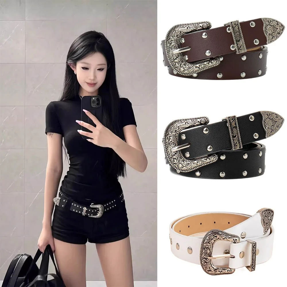 حزام فاسق ريترو كاجوال عصري Y2k PU حزام من الجلد متعدد الاستخدامات أحزمة برشام قوطي #1