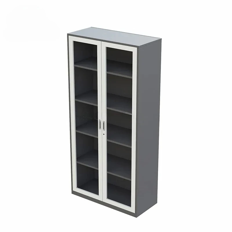 Modern filing cabinet with 4 adjustable shelves; steel filing cabinet with grey glass doors; metal office filing cabinet