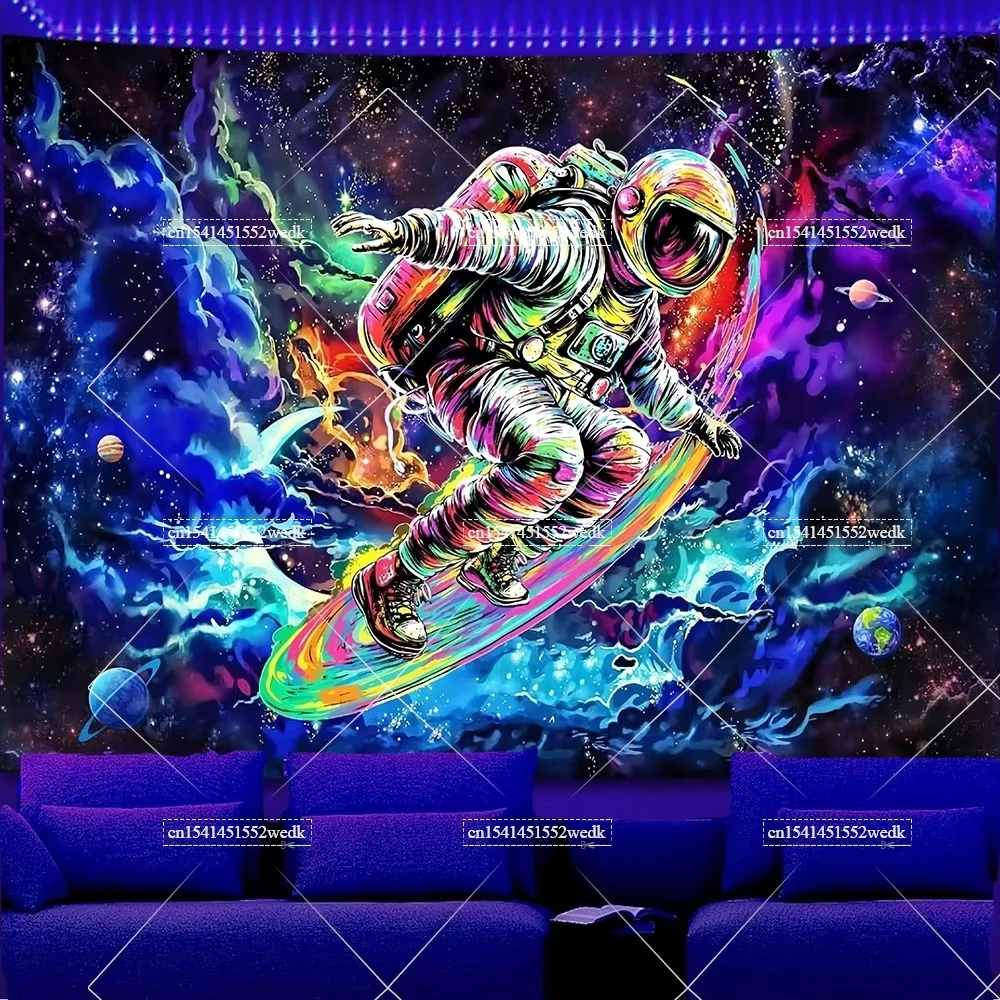 Glow In The Dark Skateboard Astronaut Blacklight Tapestry UV Reactive Galaxy Neon Tapestrys Aesthetic Fluorescent Tapestries 
