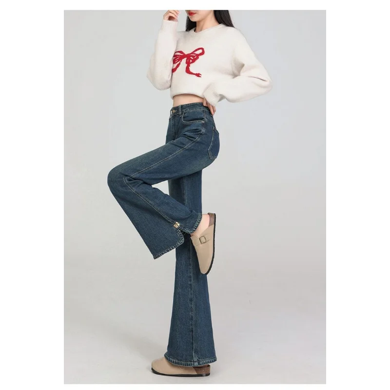Celana Jeans High-waisted Model Slit Sedikit Melebar, Gaya Retro, Serbaguna, Ramping, Cocok untuk Musim Semi dan Gugur