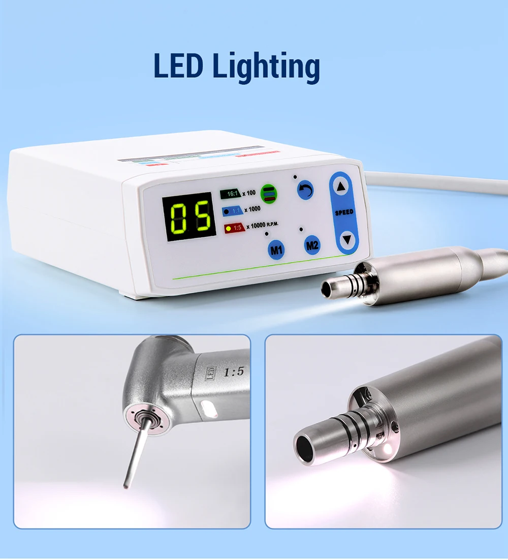AZDENT Dental Elektrischer Mikromotor mit LED-Faseroptik, bürstenlos, interner Spray, passend für 1:1, 1:5, 16:1 Niedriggeschwindigkeits-Handstücke, klinisch – Detail 12