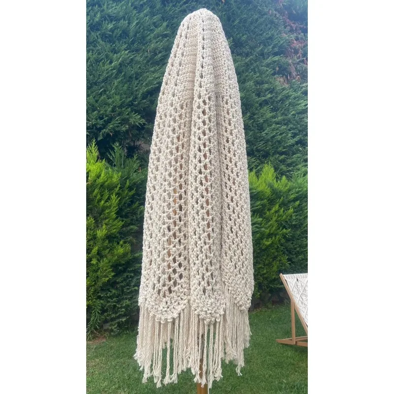 Customized Macrame Beach Umbrella With frame beige fringed beach macrame umbrella made of beech wood Boho Style Macrame Umbrella