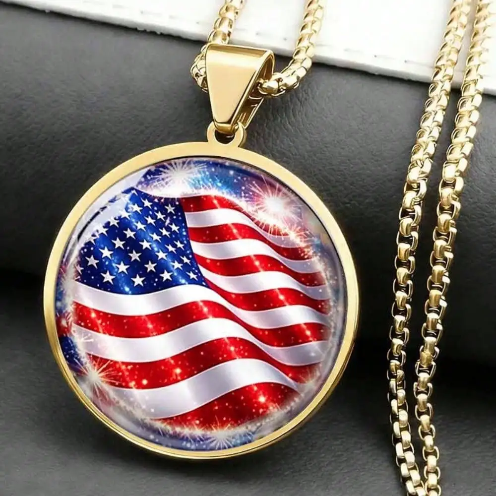 American Flag Pendant Necklace, Unisex, Gold Plated Stainless Steel, Sparkling Print, Daily Wear & Patriotic Themed Gift Jewelry