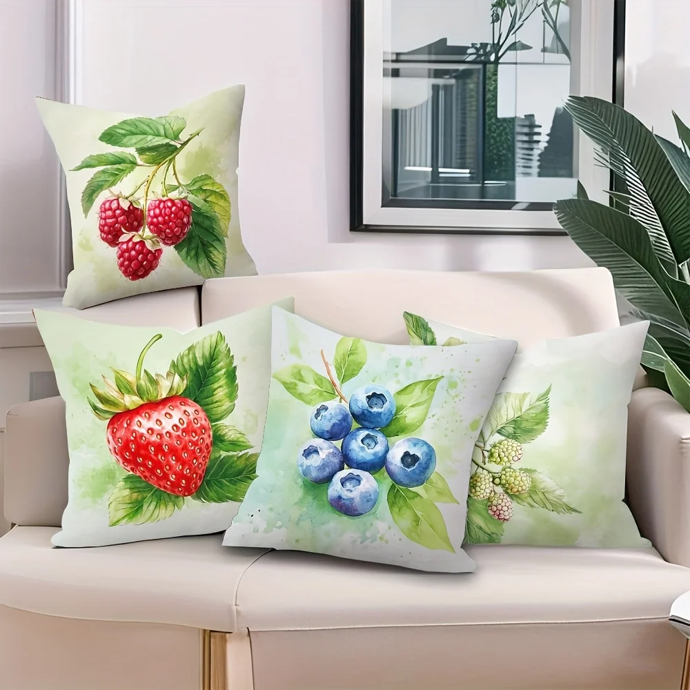 Watercolor Berry Throw Pillow Covers Raspberry Strawberry Blueberry Decorative Pillow Cases, Summer Fruit Pattern Cushion Covers