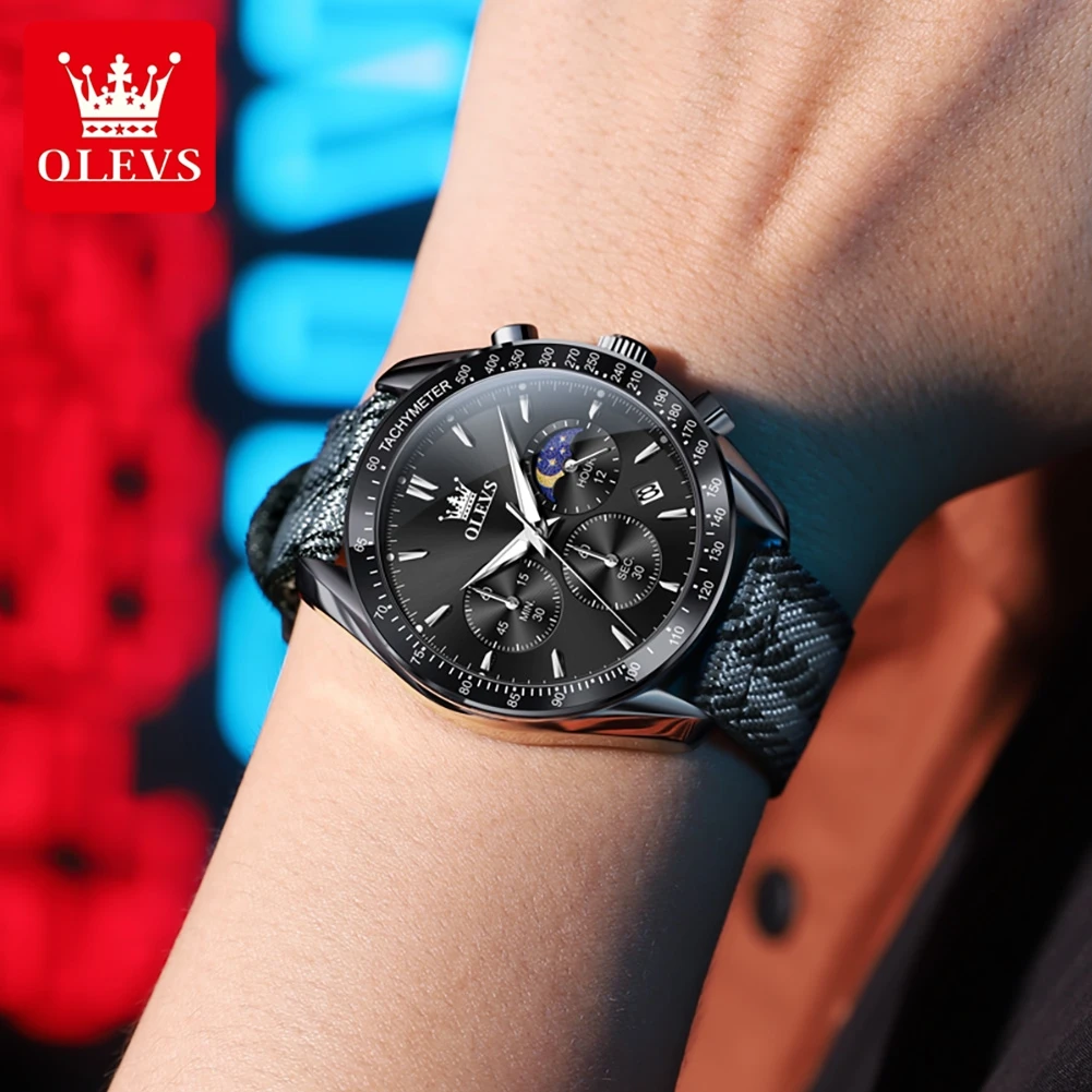 Olevs 3630 moda masculina relógio de quartzo original pulseira de tecido de náilon fase da lua à prova dwaterproof água cronógrafo calendário esportes relógio masculino