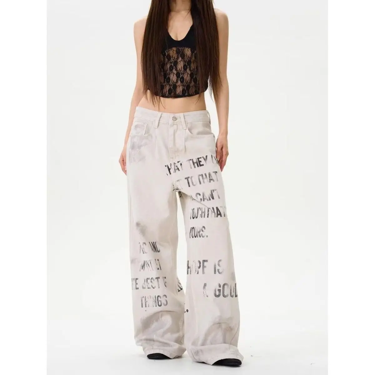 

American retro letter slogan graffiti print casual jeans women's 2025 spring and autumn high street trend straight leg pants