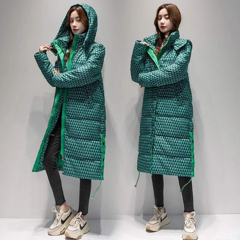 

Women's Plaid Long Styles Hooded Puffer Jacket Winter Warm Parka Thickening Windproof Coat Fashion Color Block Women Clothing