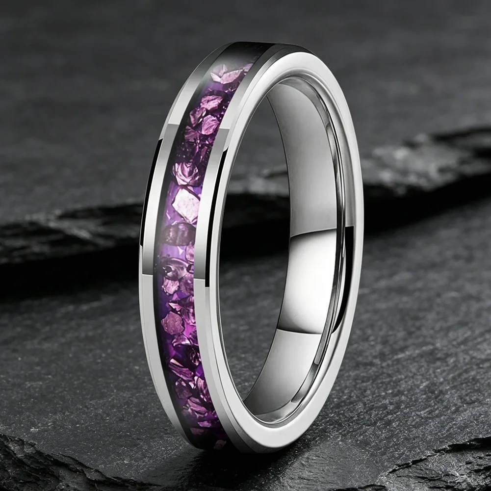 4mm Wolframringe mit Lila Edelstein-Einlage, Modeschmuck, Verlobungs- und Eheringe für Männer und Frauen, Poliert Glänzend, Komfortabler Sitz – Detail 15