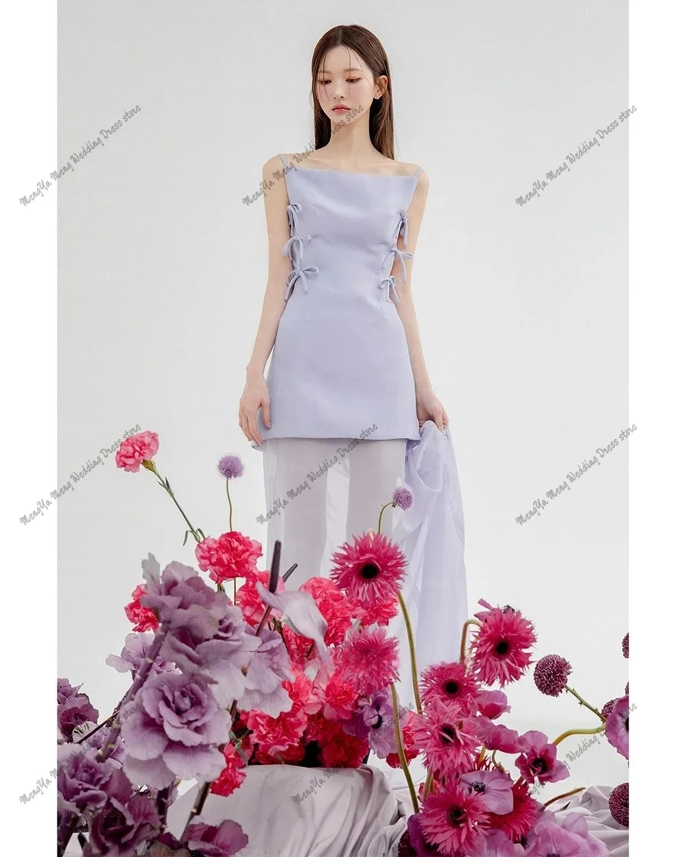 2025 Elegant Bowith Spaghetti Straps Lilac Korean Evening Party Dresses Customized Backless Sexy Prom Dresses 이브닝 드레스