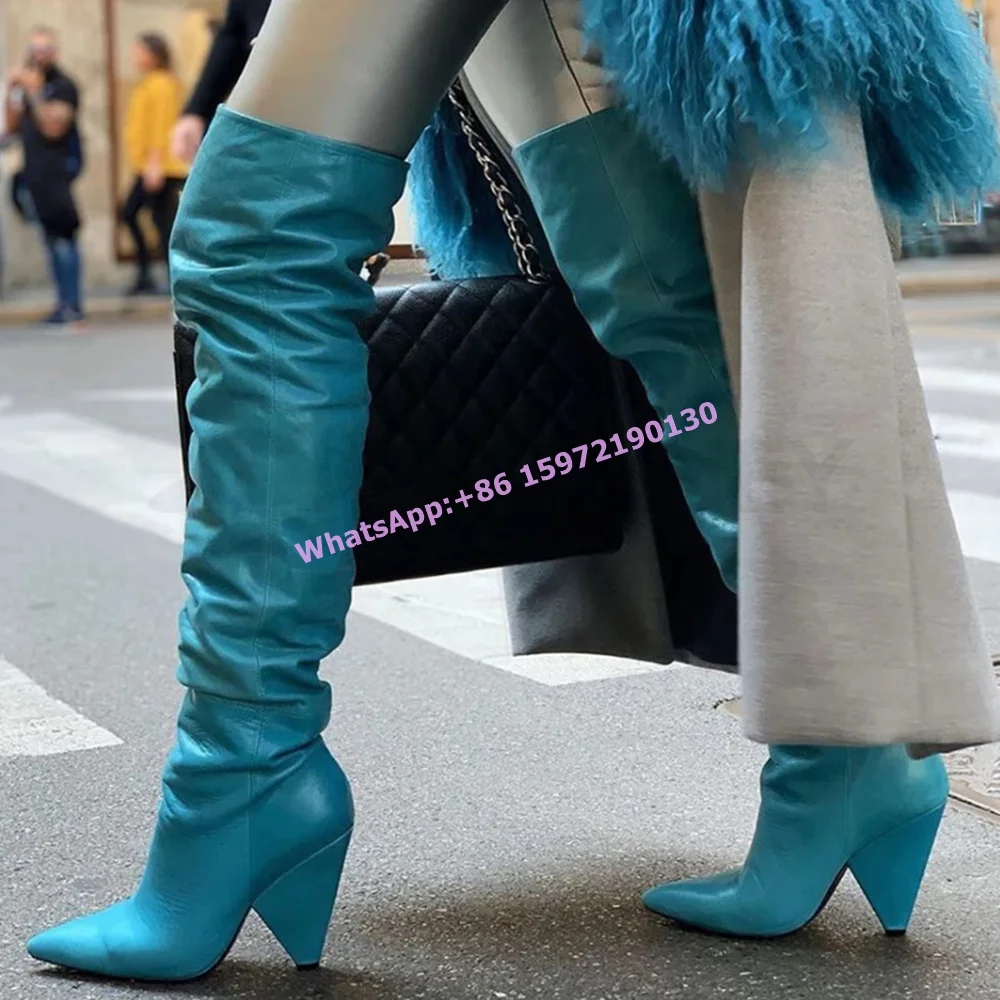 Hoof Heels Pleated Long Boots Pointy Toe Slip On Solid Large Size Over The Knee Boots Women's Sexy Leather Street Style Shoes