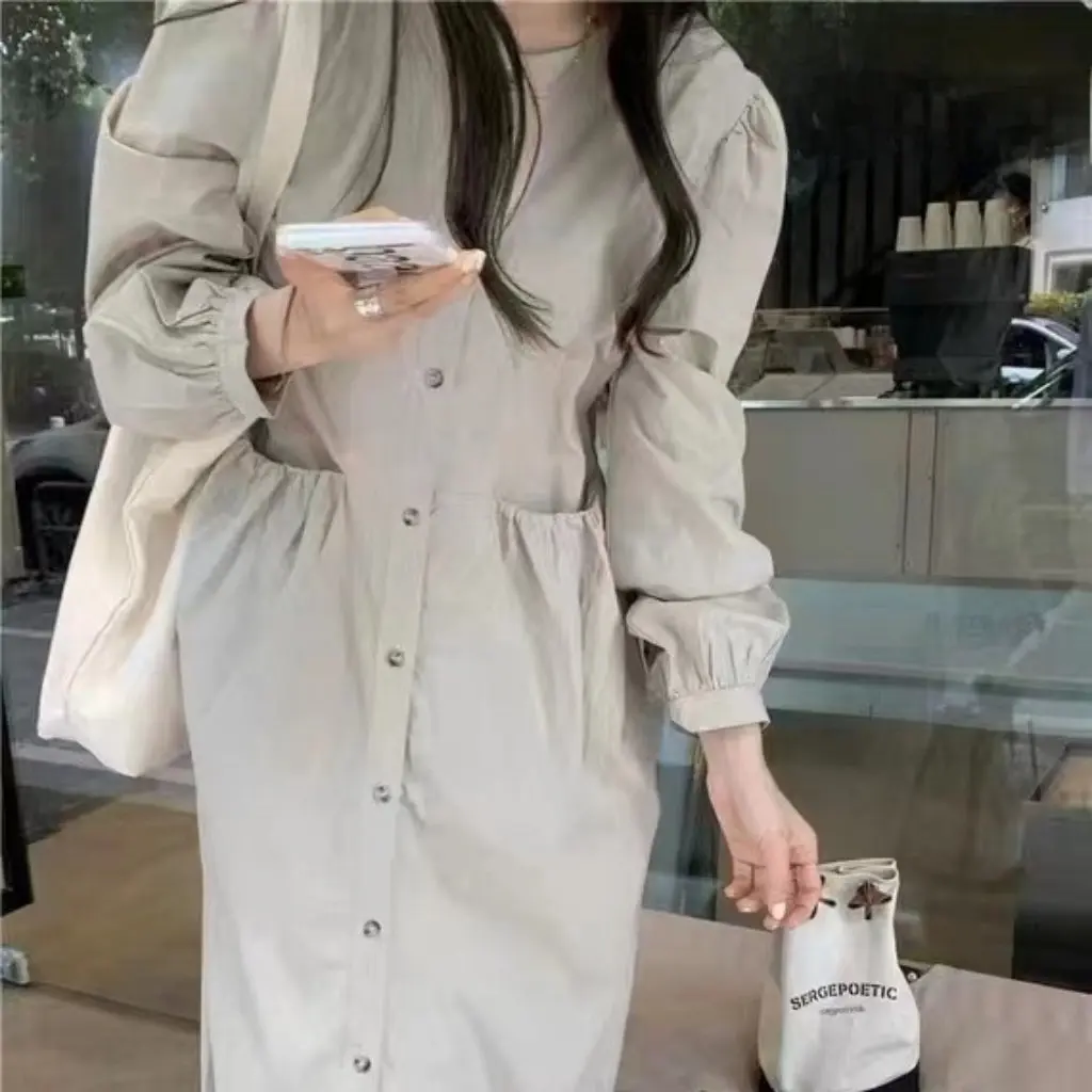 Hoge taille effen kleur lange shirtrok Koreaanse chique literaire single-breasted dames plus size jurk