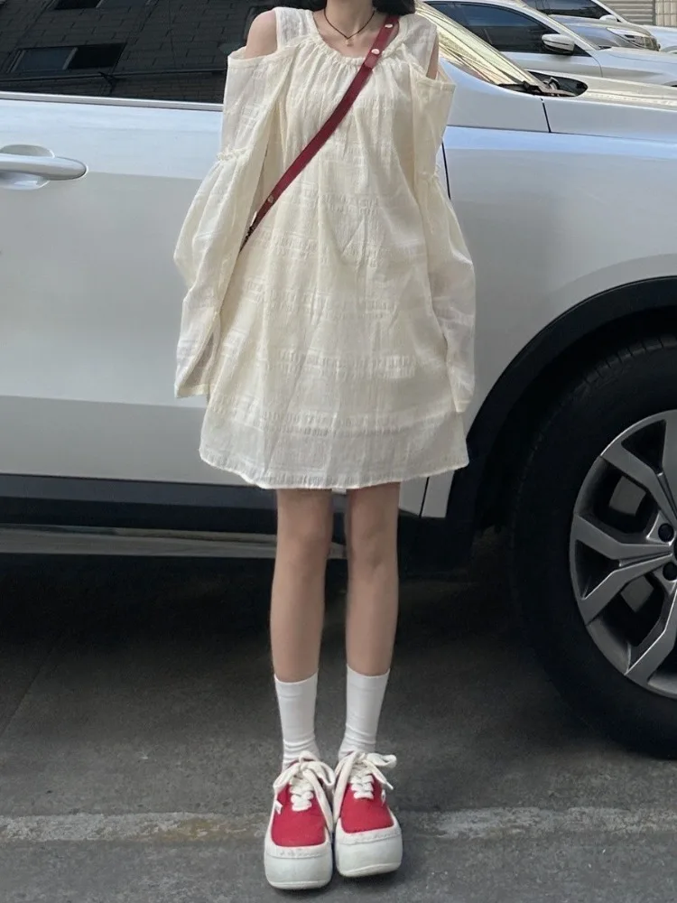 فستان نسائي بدون أكتاف مفرغ وأكمام طويلة موضة الربيع الصلبة ورقبة دائرية فساتين قصيرة حلوة للسيدات كاجوال #4