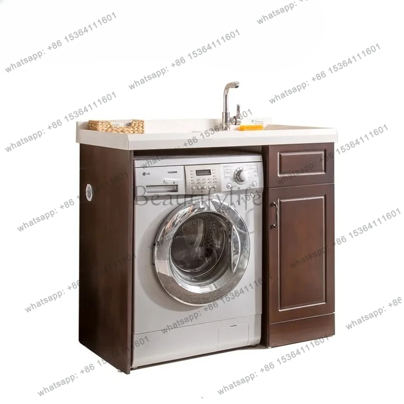Balcony Integrated Basin with Washboard Washing Machine Cabinet Washing Machine Combination Solid Wood Cabinet