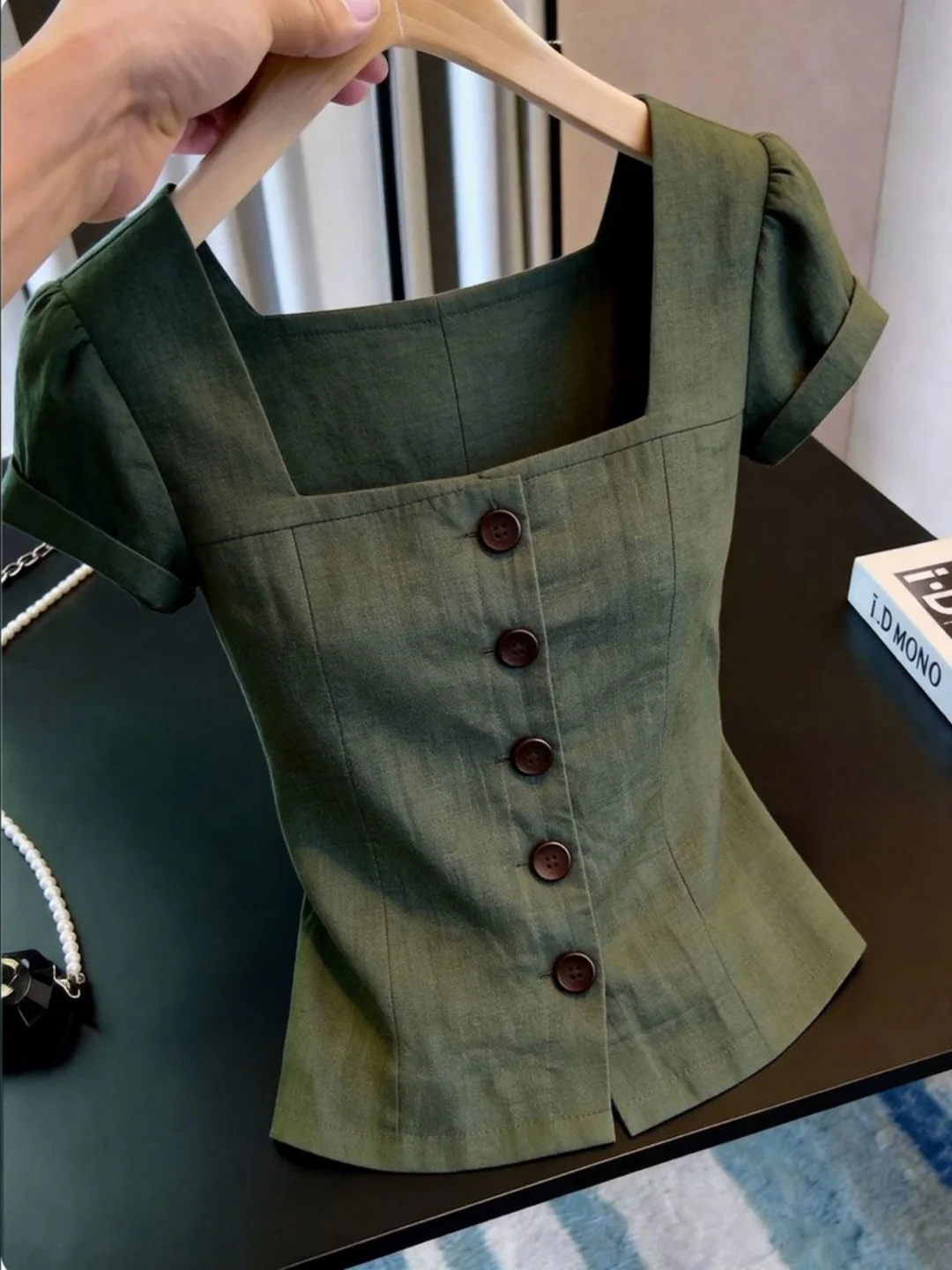 

Elegant Casual Style Square Collar Short Sleeve Shirt Women's Fashion Spring Summer Breathable Comfortable High Waist Design