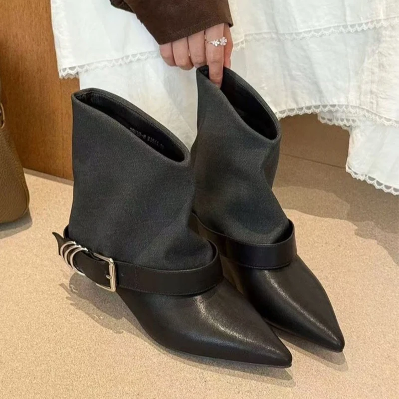 Elegante Spitzschuh Damenstiefel High Heels Schuhe Winter 2025, sexy Chelsea-Stiefel, Kleid, Lederschuhe, Schnalle, kurze Botas Mujer