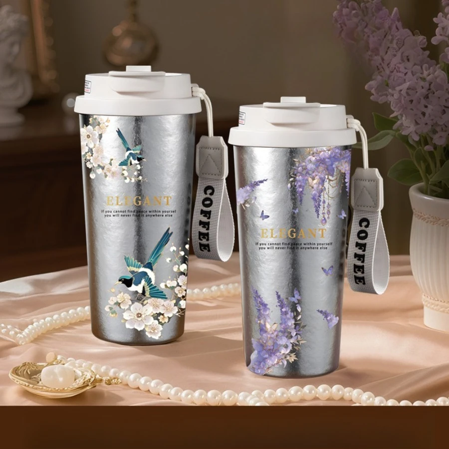 

New stylish thickened coffee cup outdoor portable handheld women's light luxury lily of the valley double-layer thermos cup