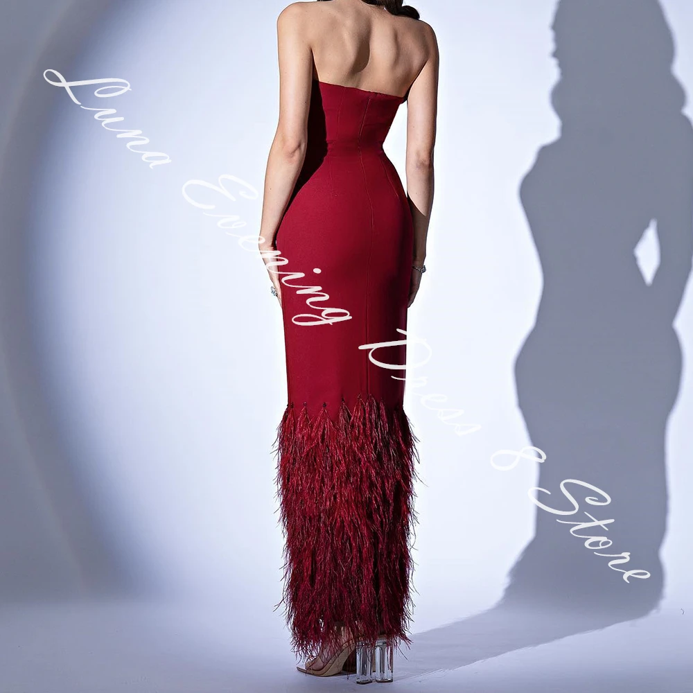 Customized Modern Jersey Straight Feathers Evening Dress Strapless Burgundy Sleeveless Floor Length Bespoke Occasion Gowns