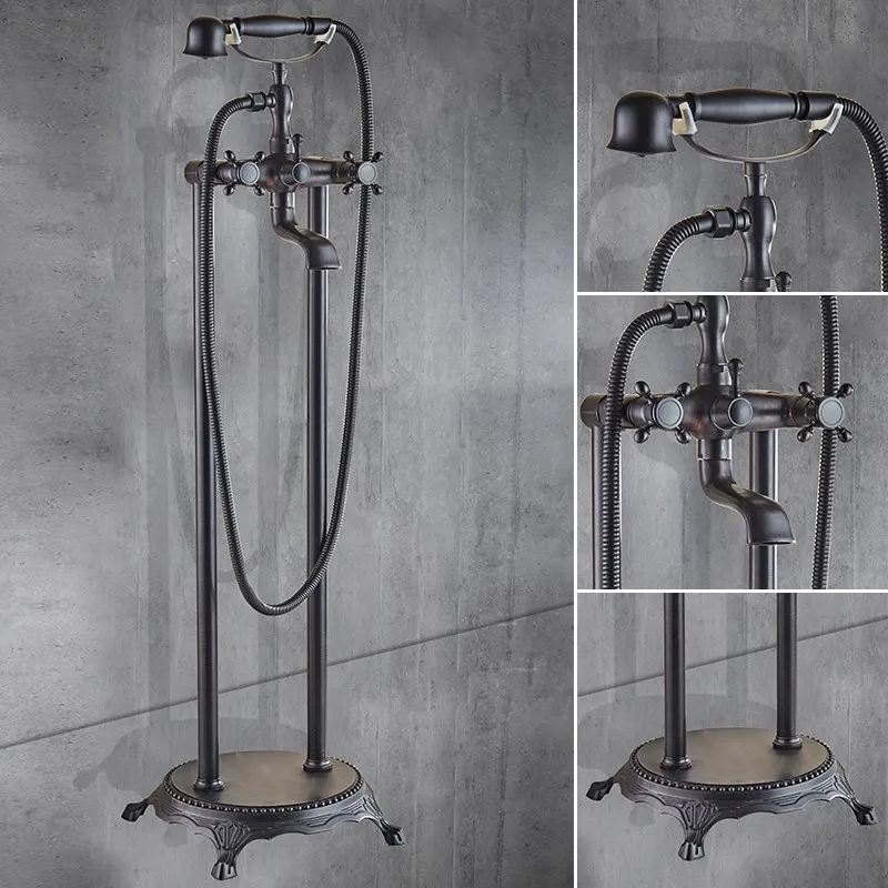 Floor-Standing Bathtub Faucet with Cylinder-Side Wooden Barrel Pedestal Basin for Hot And Cold Water Vertical Bathtub Fittings