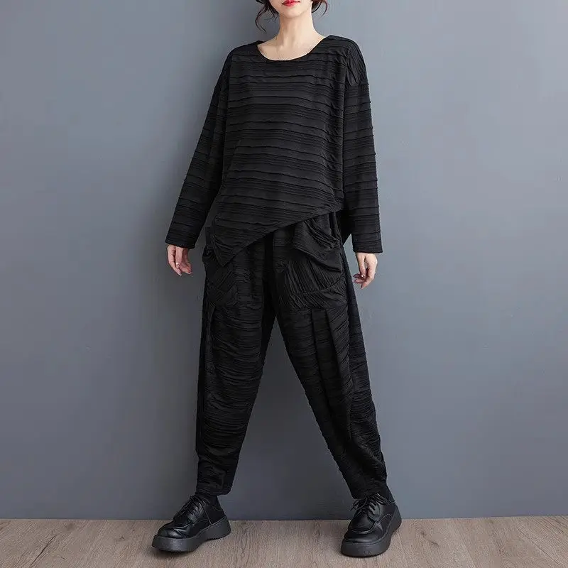 Literary And Casual Irregular Top + Fashion Big Pocket Harem Pants Two Piece Set Loose Versatile Tracksuit Outfits Women Z3989