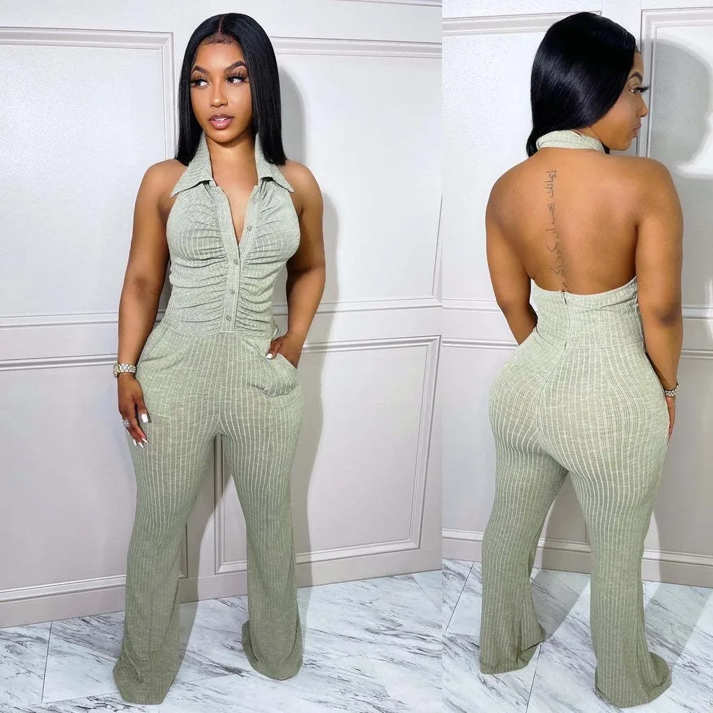 VOLALO Turn Down Collar Halter Sexy Jumpsuit Pocket Knitted Ribbed Backless Skinny Bodycon Rompers Clubwear Outfits Overalls