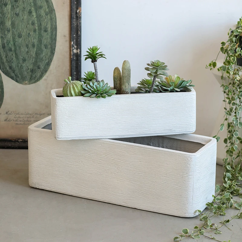 White rectangular short floor standing large flowerpot imitating cement