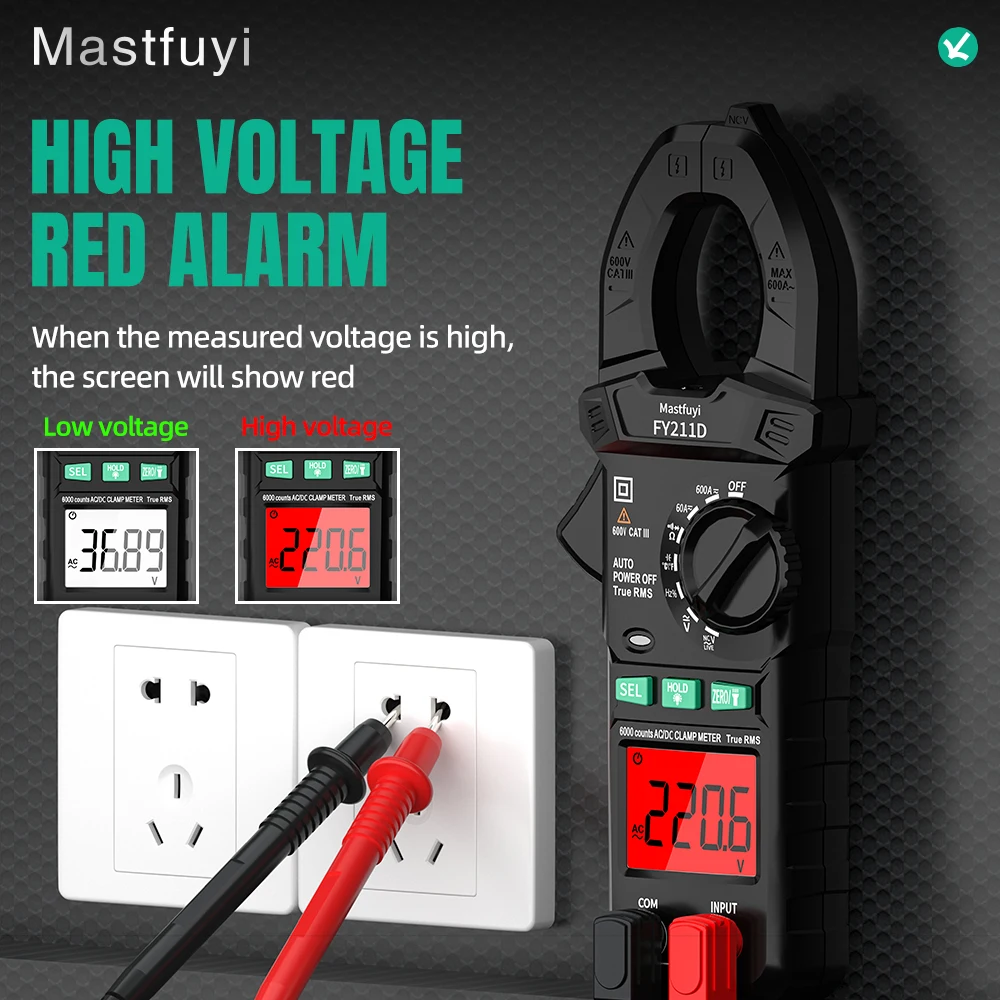 MASTFUYI Digital Clamp Meter True Root Mean Square Voltage AC/DC Multifunction High Precision Intelligent Anti-Scalding