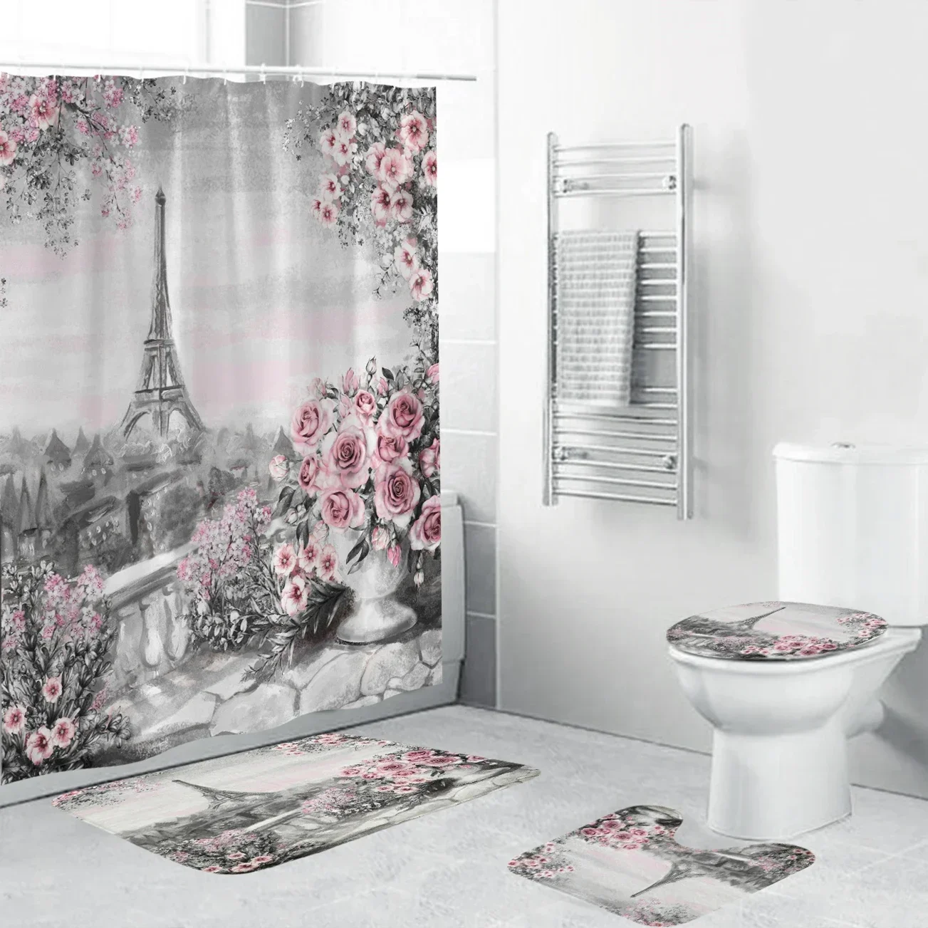 Paris Landscape Eiffel Tower Shower Curtain Set 3D Waterproof Bathroom   Non-Slip Rugs Toilet Lid Cover Mat Home Decor