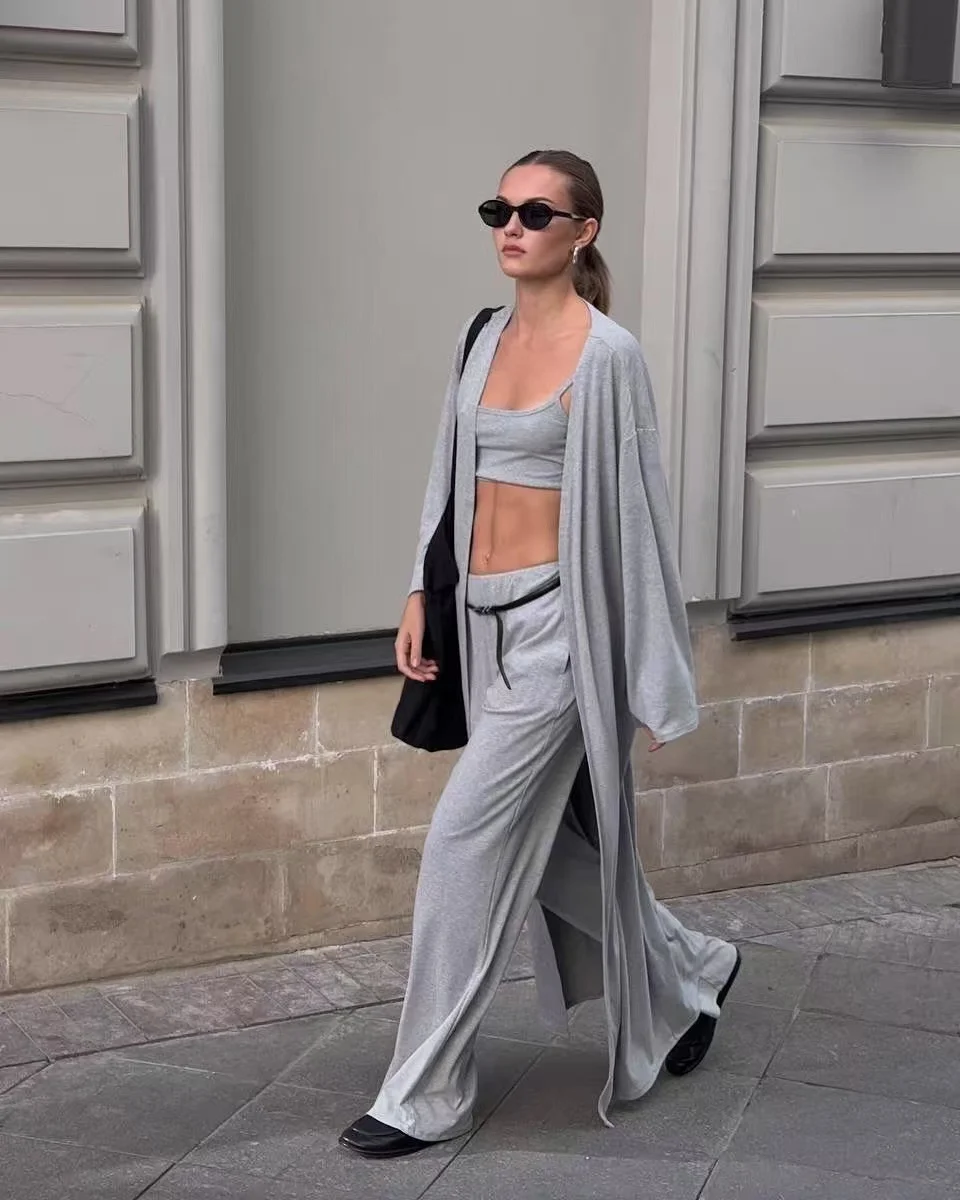 

Hirsionsan Мягкие свободные комплекты из модала, женский повседневный кардиган из трех предметов с длинными рукавами, брюки с высокой талией и жилет, спортивный костюм 2025